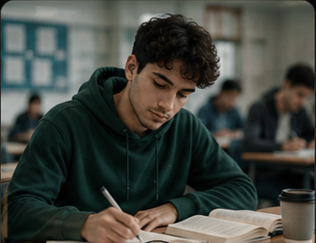 Prep school student studying and writing notes